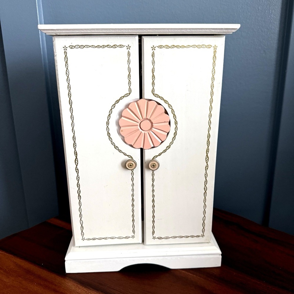 White Musical Jewelry Box with Pink Velvet Lining Mirror‎ Hooks Wood Velvet